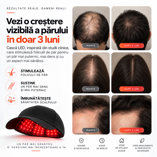 Șapcă cu terapie prin lumină roșie și infraroșu pentru scalp – 180 LED-uri, 660/850nm, 5 niveluri de intensitate
