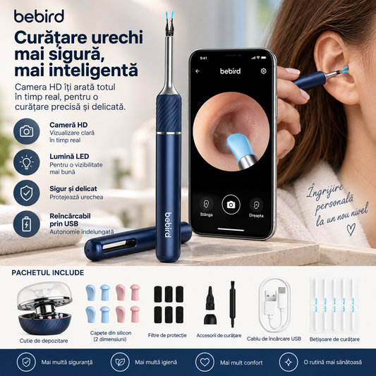 Aparat pentru curățare urechilor cu cameră HD 10MP, Wi-Fi, giroscop