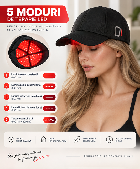 Șapcă cu terapie prin lumină roșie și infraroșu pentru scalp – 180 LED-uri, 660/850nm, 5 niveluri de intensitate