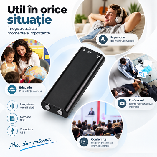Reportofon digital mini, 8GB, cu redare MP3 și conector USB integrat