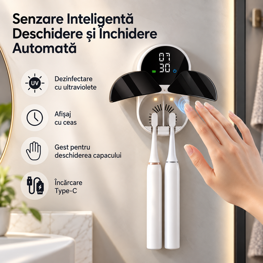 Sterilizator UV pentru periuțe de dinți, montare pe perete, cu senzor și uscare