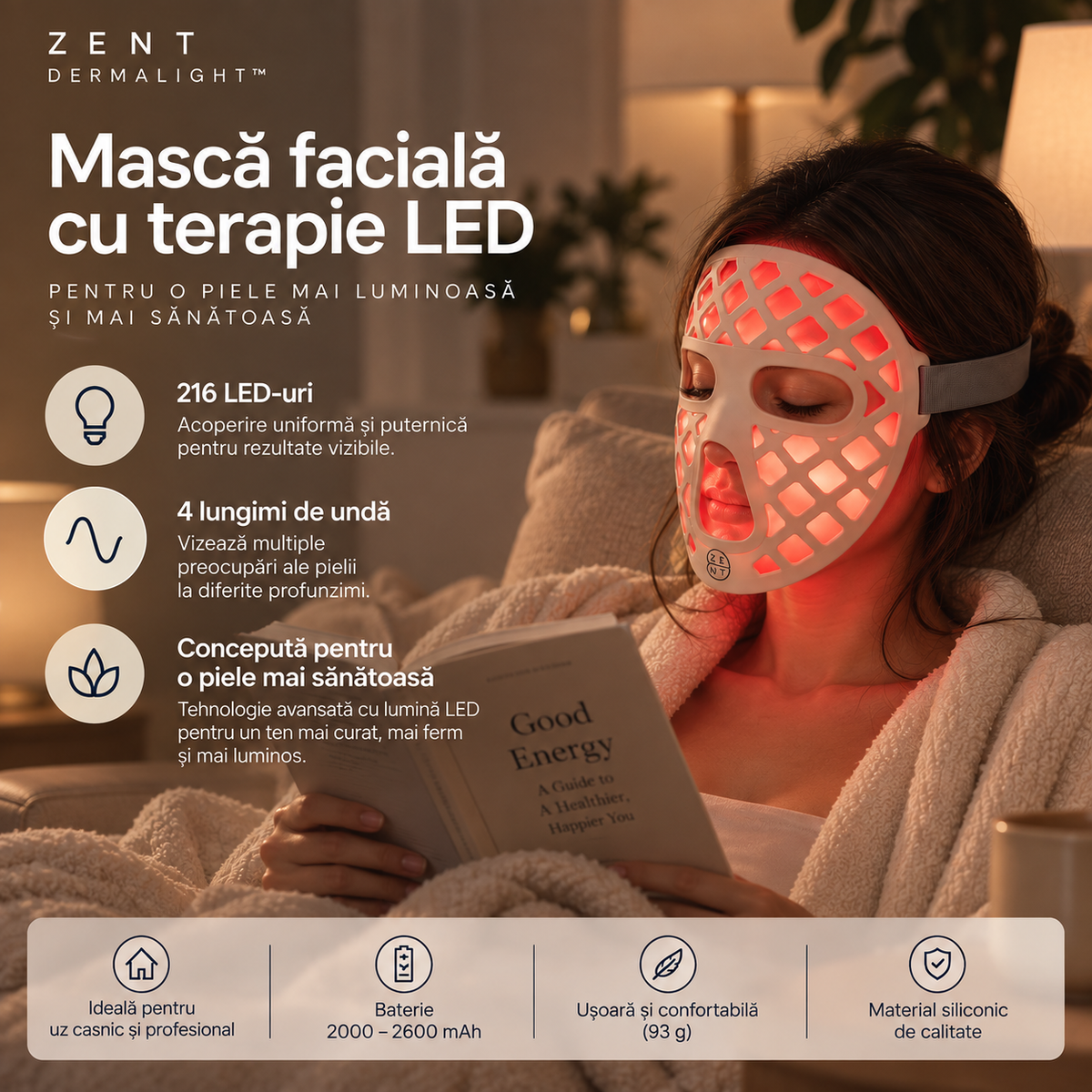 Mască facială LED cu 4 culori de lumină – infraroșu, roșu, galben și albastru, 54 LED-uri, silicon