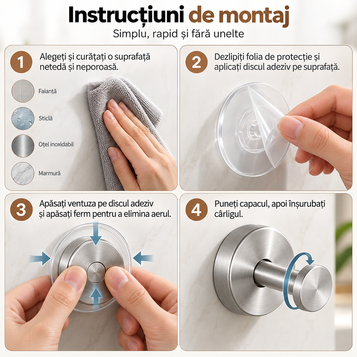 Cuier cu ventuză din inox, fără găuri, detașabil