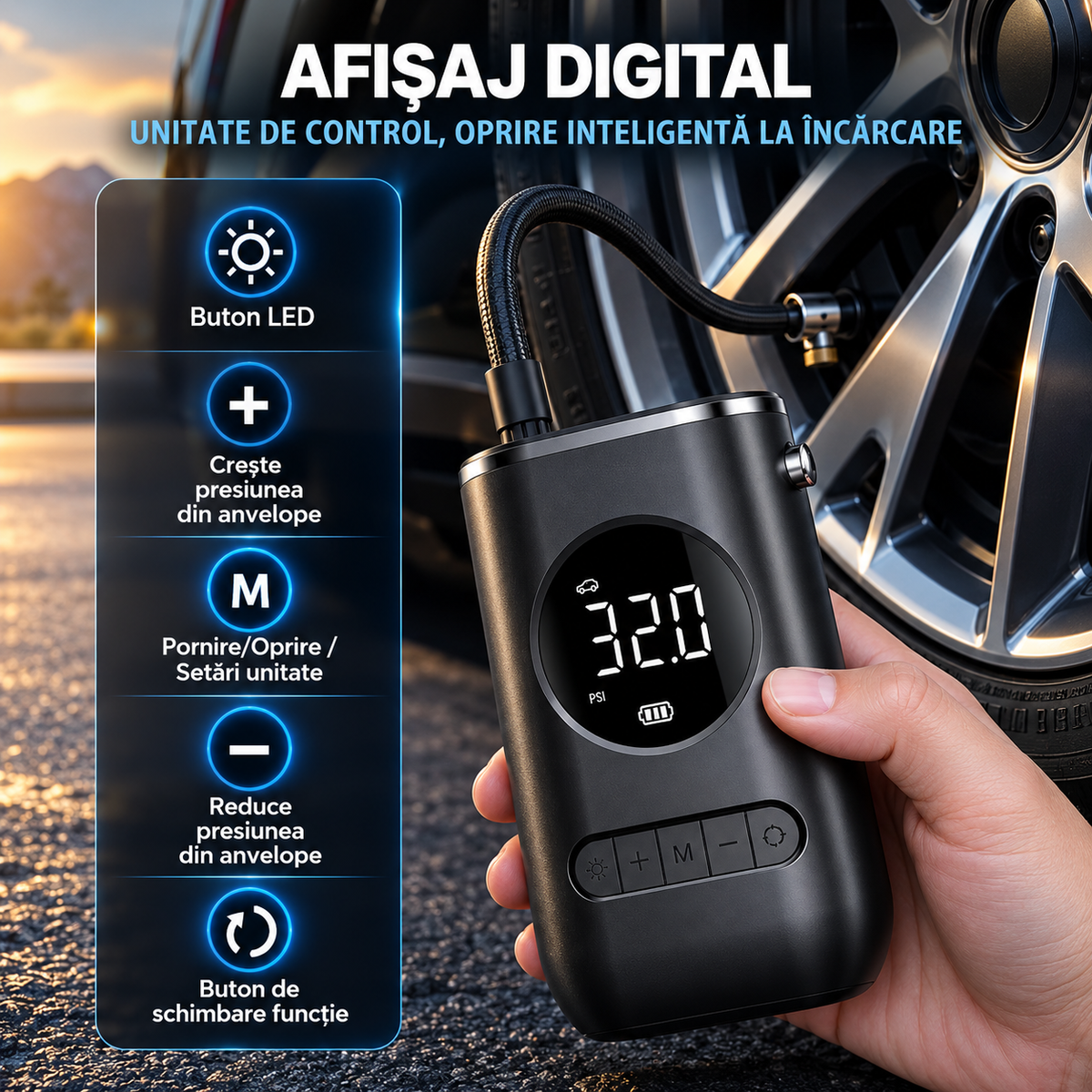 Pompă electrică de aer portabilă, 150PSI, reîncărcabilă, cu ecran digital