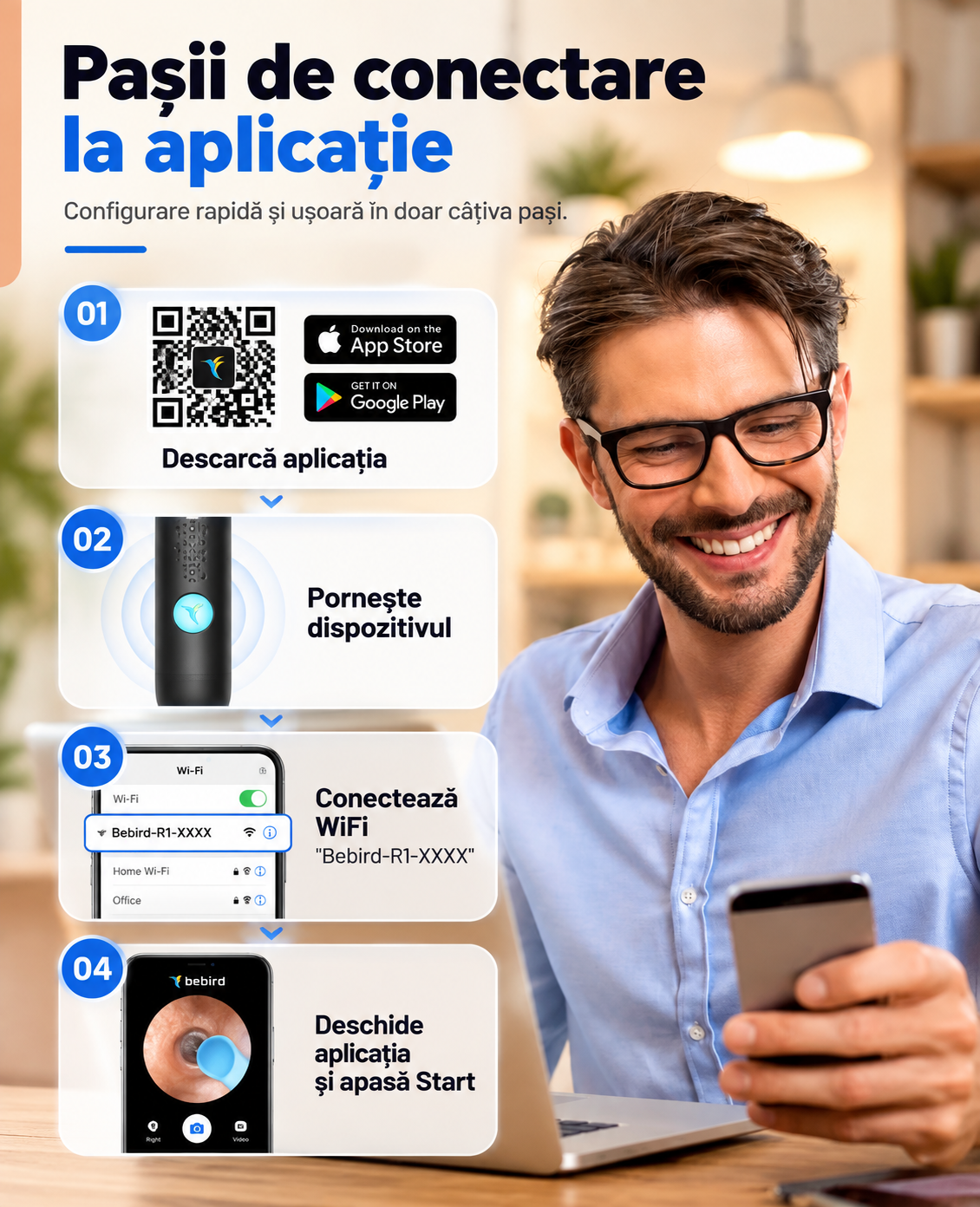 Endoscop auricular Bebird R1, cameră Wi-Fi 3MP, rezistent la apă, negru
