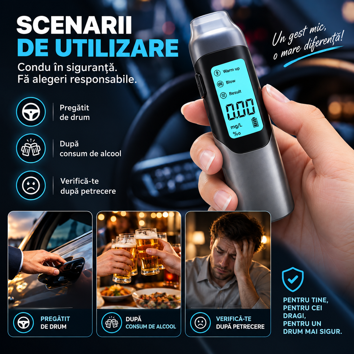 Etilotest digital portabil, fără contact, cu ecran LCD și senzor de precizie