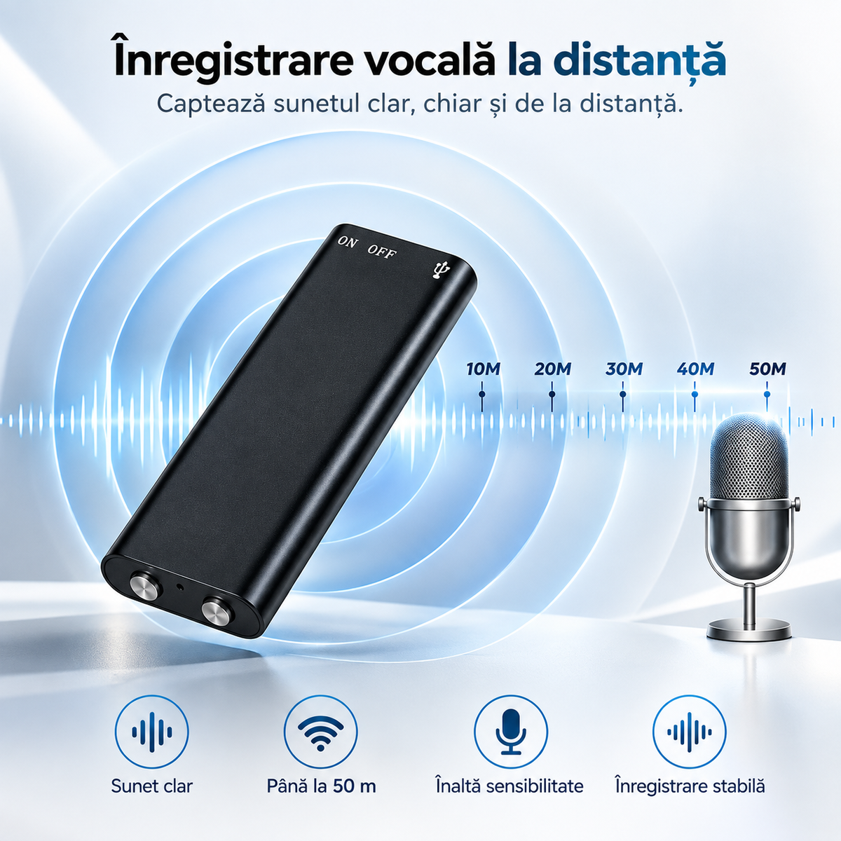 Reportofon digital mini, 8GB, cu redare MP3 și conector USB integrat