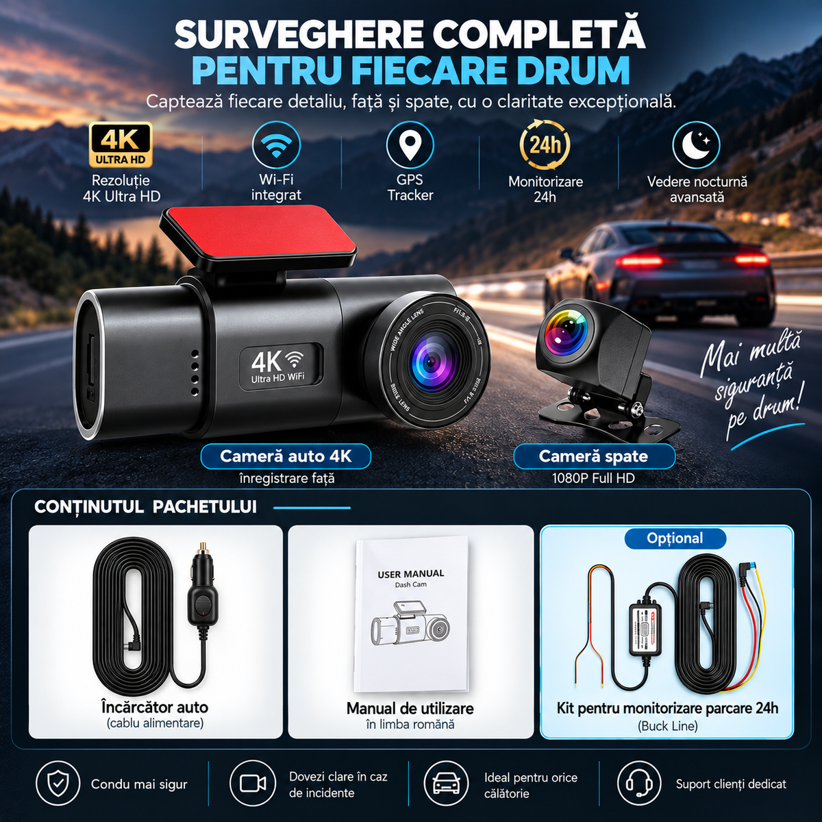 Cameră de bord ultracompactă 4K, cu cameră spate, Wi-Fi, GPS și viziune nocturnă