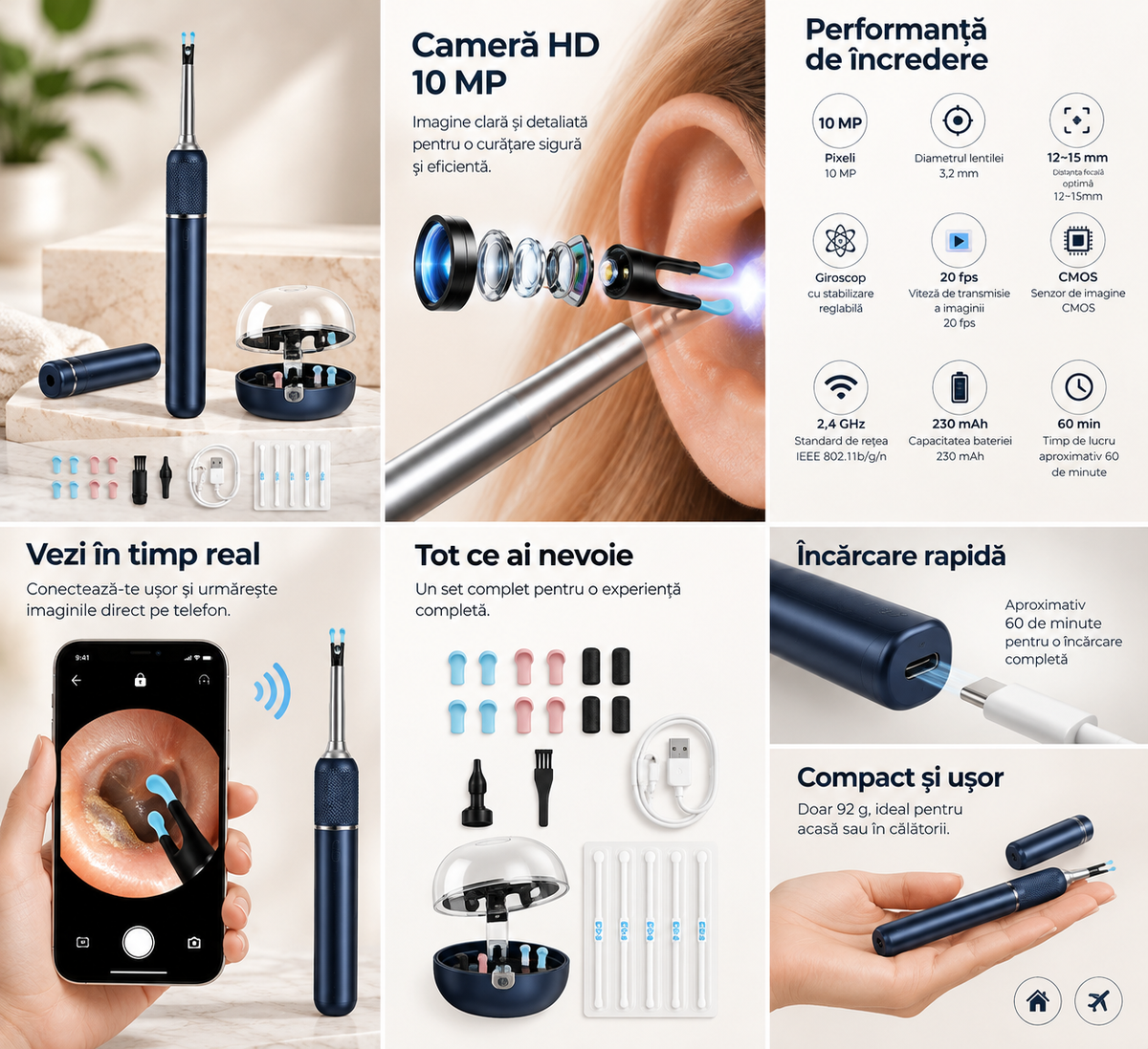 Aparat pentru curățare urechilor cu cameră HD 10MP, Wi-Fi, giroscop