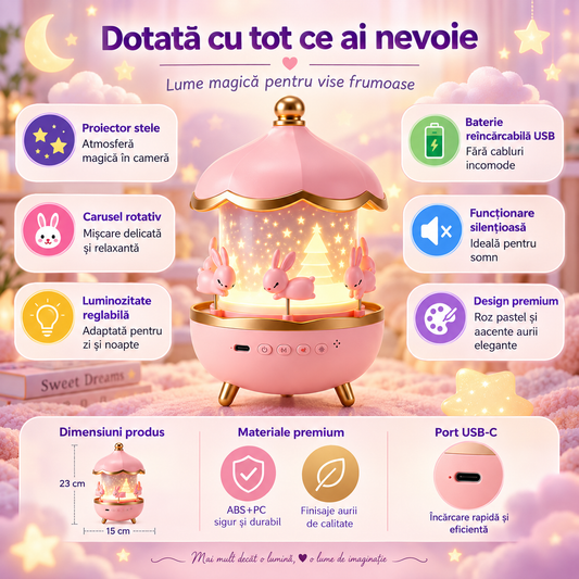 Lampă de veghe proiector pentru copii, model carusel, cu proiecția cerului înstelat și muzică calmă