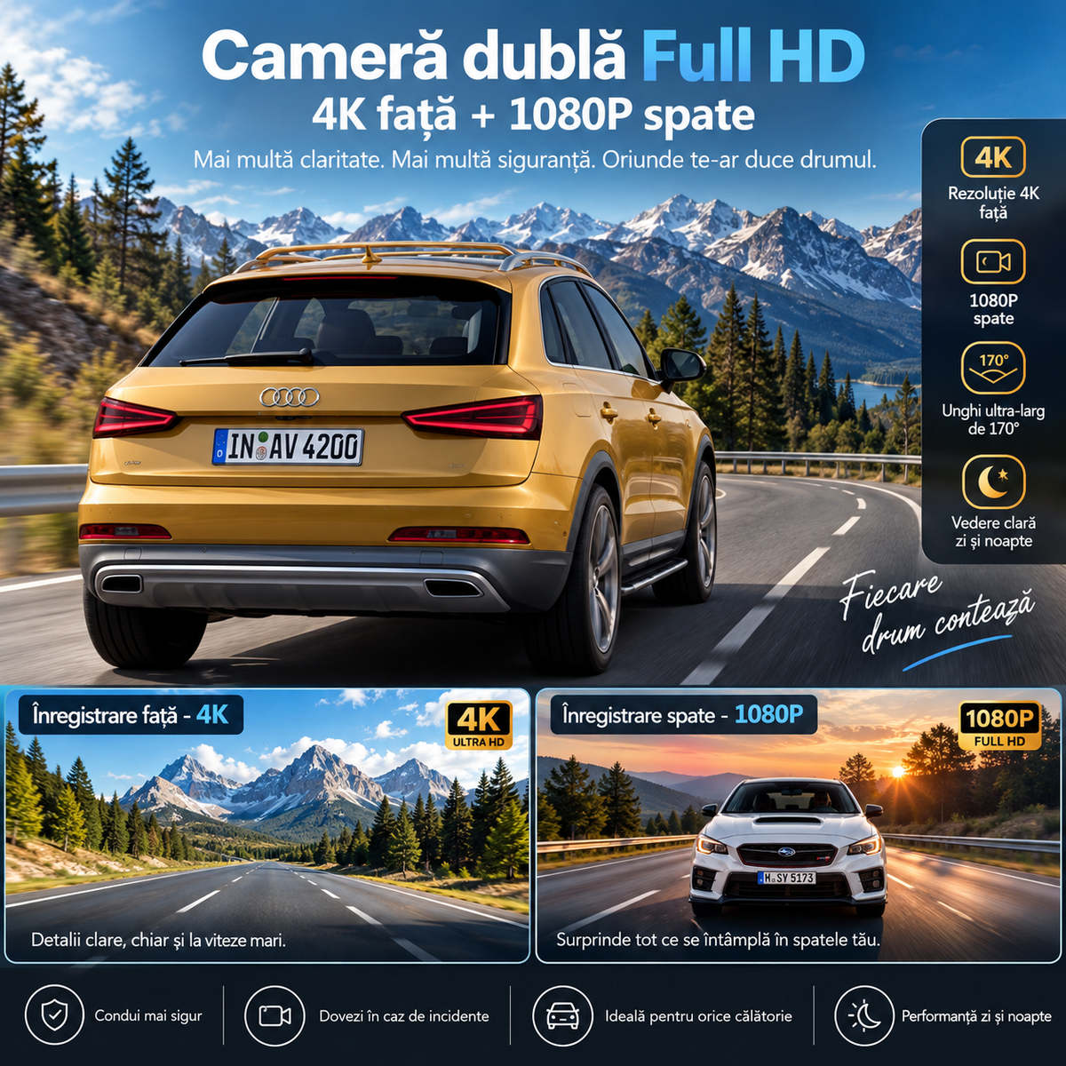 Cameră de bord ultracompactă 4K, cu cameră spate, Wi-Fi, GPS și viziune nocturnă