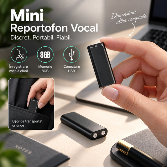 Reportofon digital mini, 8GB, cu redare MP3 și conector USB integrat