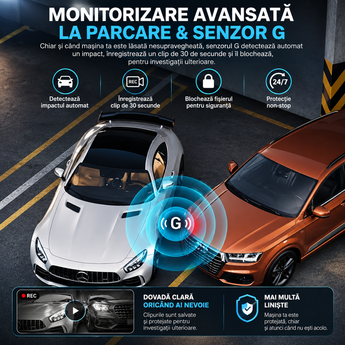 Cameră de bord ultracompactă 4K, cu cameră spate, Wi-Fi, GPS și viziune nocturnă