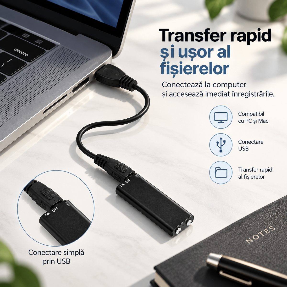 Reportofon digital mini, 8GB, cu redare MP3 și conector USB integrat