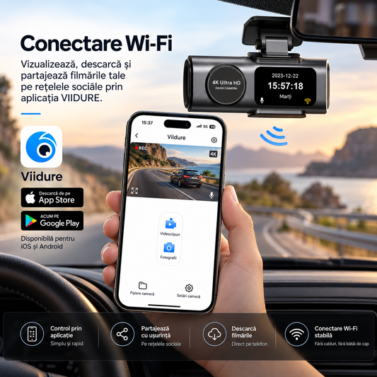 Cameră de bord ultracompactă 4K, cu cameră spate, Wi-Fi, GPS și viziune nocturnă