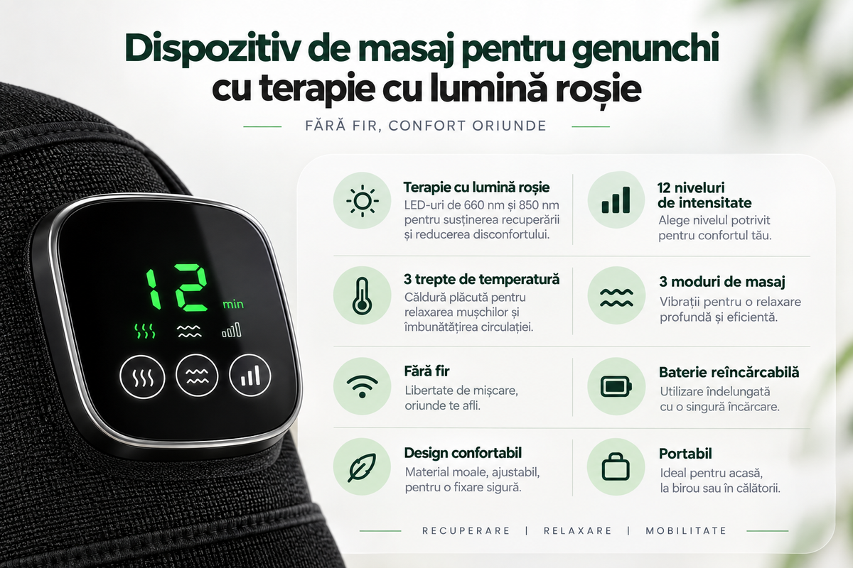 Aparat pentru genunchi și picioare, cu lumină roșie și infraroșu, încălzire și puls reglabil