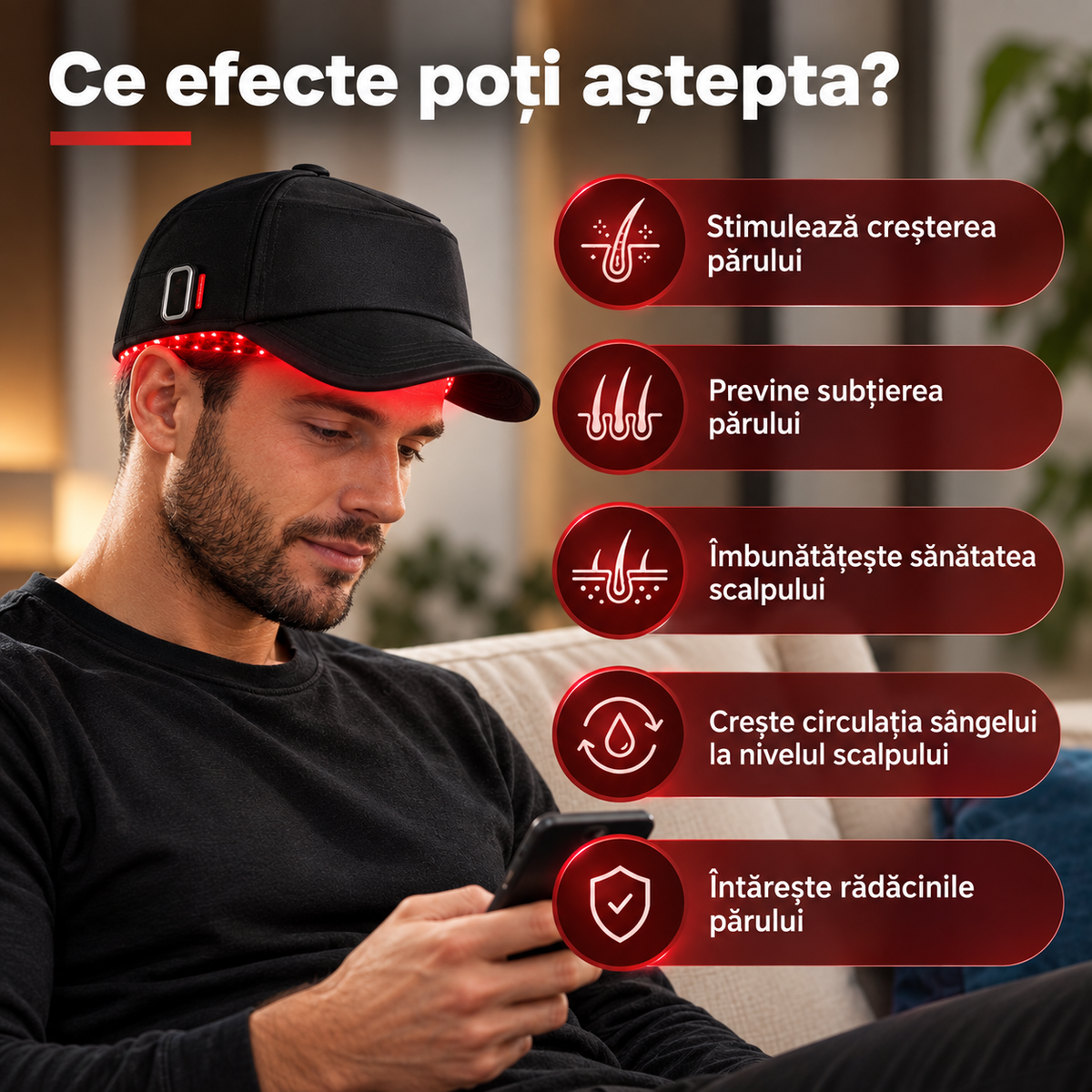 Șapcă cu terapie prin lumină roșie și infraroșu pentru scalp – 180 LED-uri, 660/850nm, 5 niveluri de intensitate