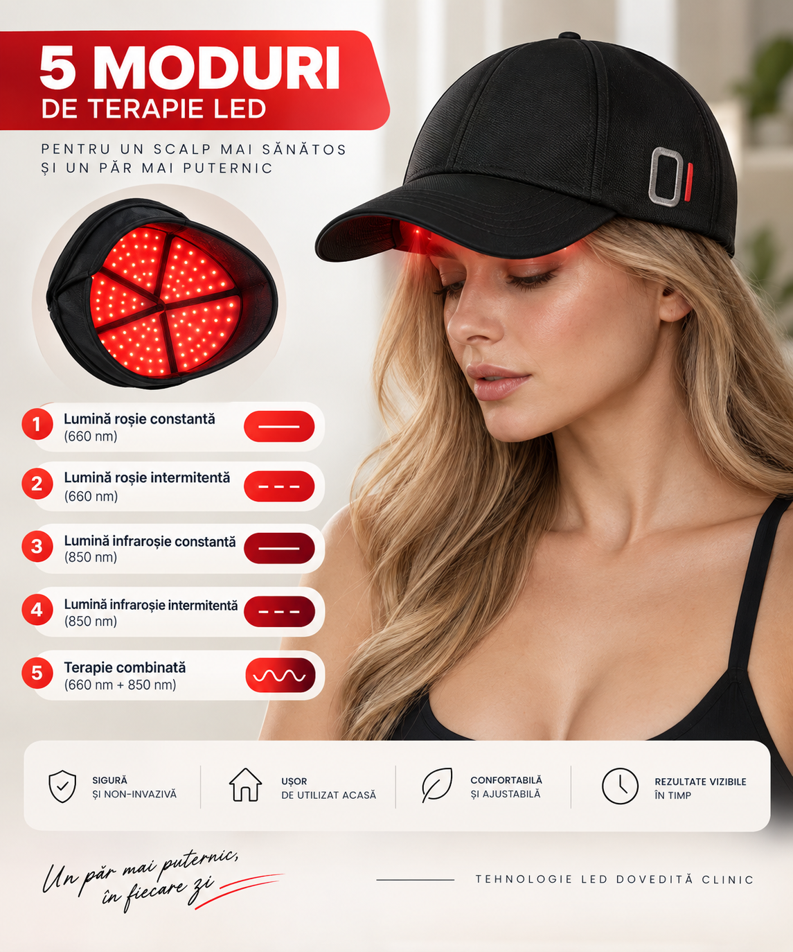 Șapcă cu terapie prin lumină roșie și infraroșu pentru scalp – 180 LED-uri, 660/850nm, 5 niveluri de intensitate