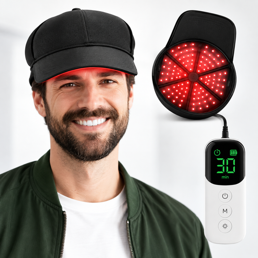 Șapcă cu terapie prin lumină roșie și infraroșu pentru scalp – 180 LED-uri, 660/850nm, 5 niveluri de intensitate