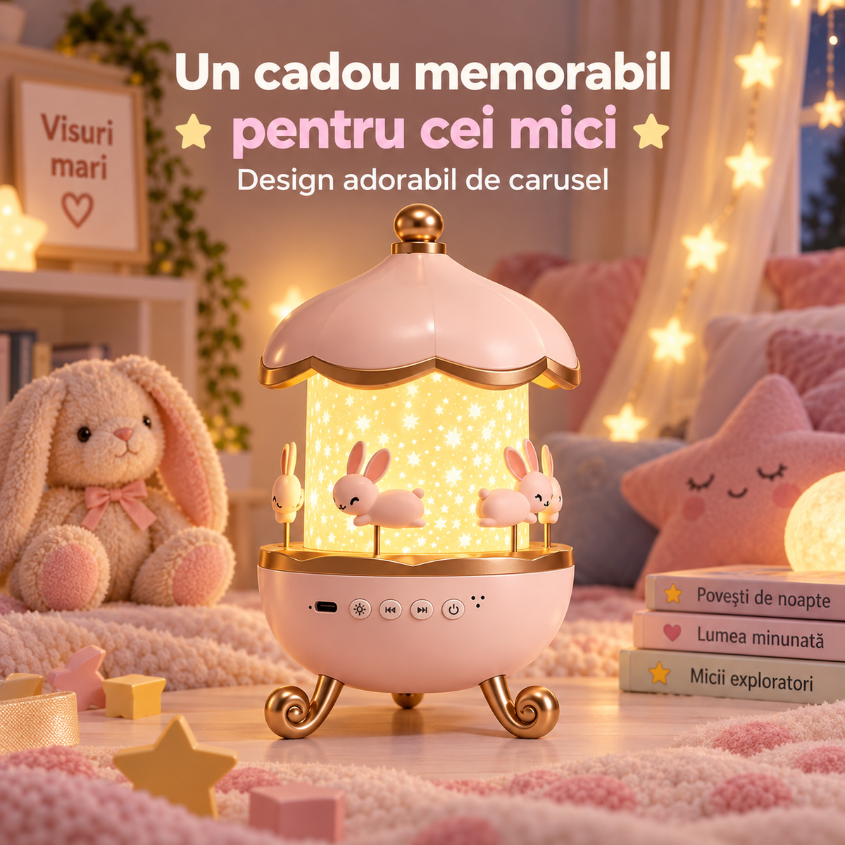 Lampă de veghe proiector pentru copii, model carusel, cu proiecția cerului înstelat și muzică calmă