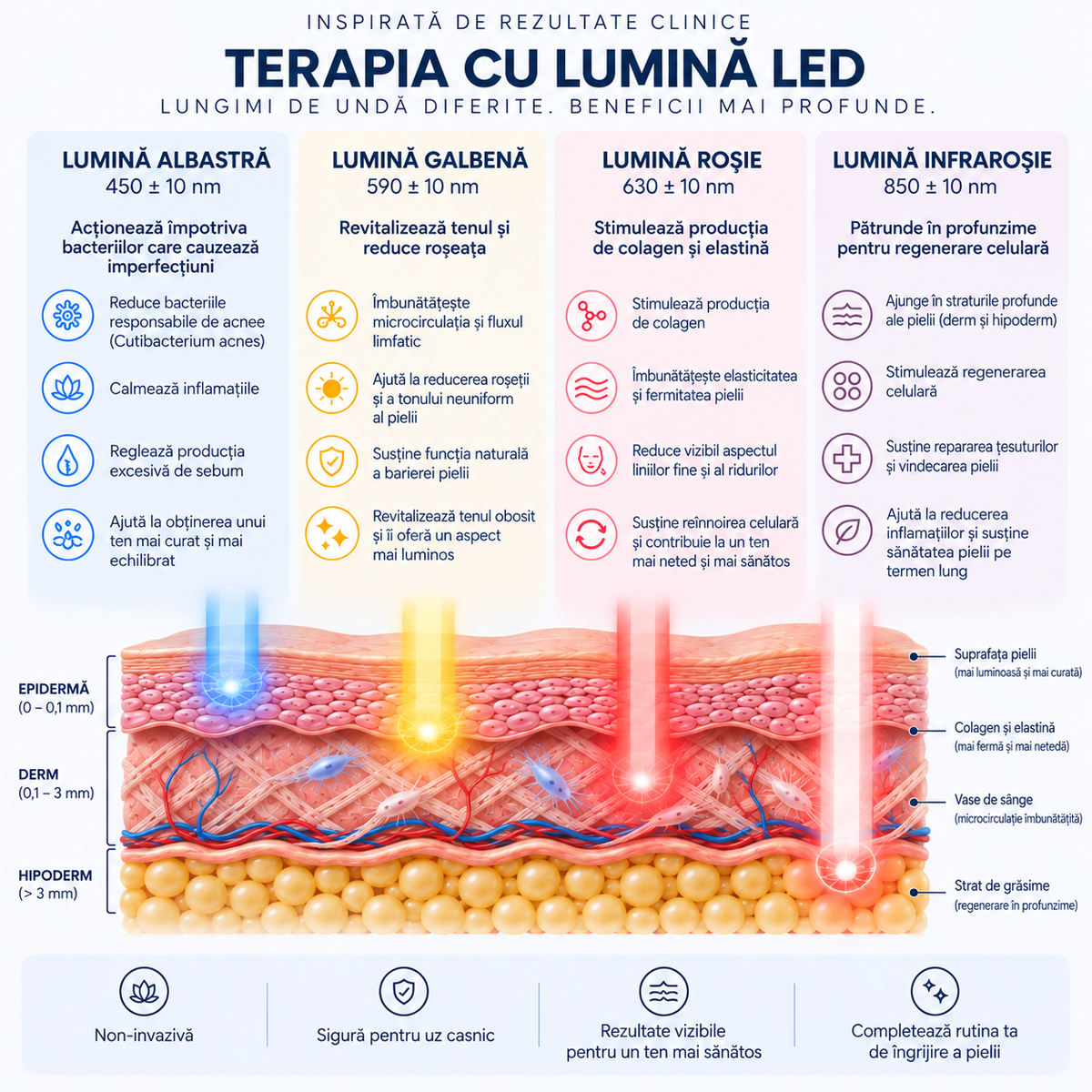 Mască facială LED cu 4 culori de lumină – infraroșu, roșu, galben și albastru, 54 LED-uri, silicon