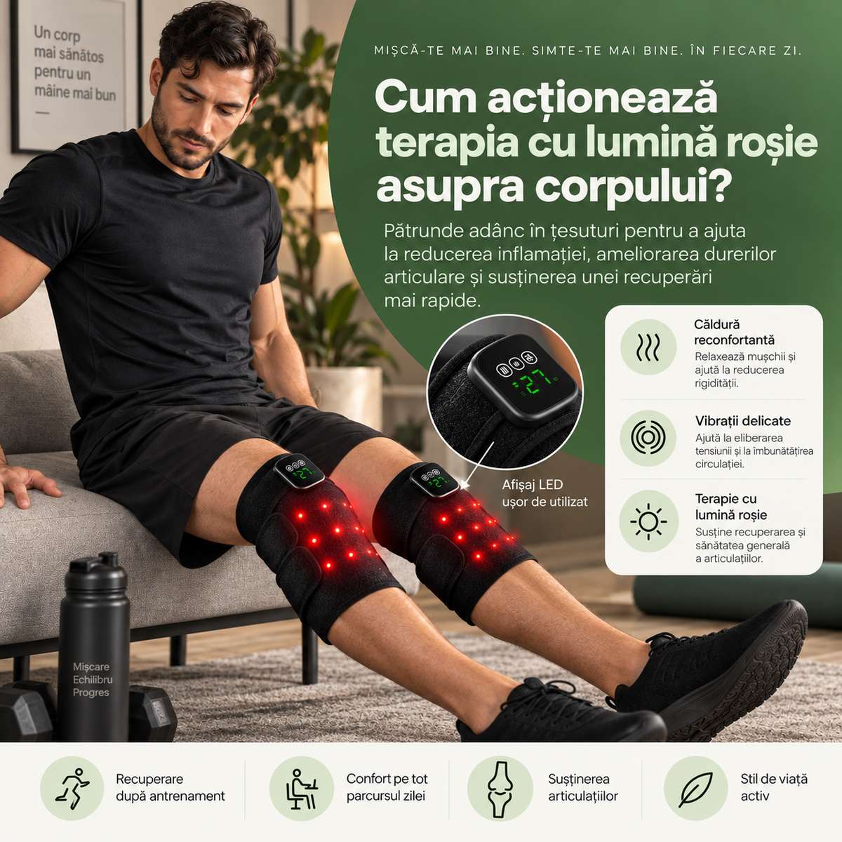Aparat pentru genunchi și picioare, cu lumină roșie și infraroșu, încălzire și puls reglabil