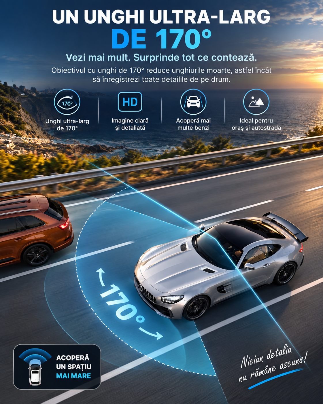 Cameră de bord ultracompactă 4K, cu cameră spate, Wi-Fi, GPS și viziune nocturnă