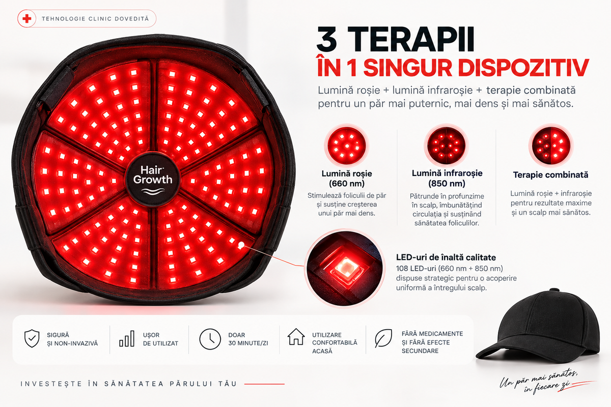 Șapcă cu terapie prin lumină roșie și infraroșu pentru scalp – 180 LED-uri, 660/850nm, 5 niveluri de intensitate