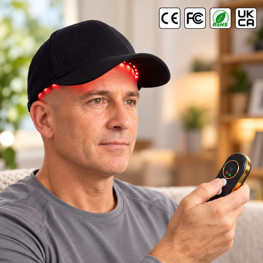Șapcă cu terapie prin lumină roșie și infraroșu pentru scalp – 180 LED-uri, 660/850nm, 5 niveluri de intensitate