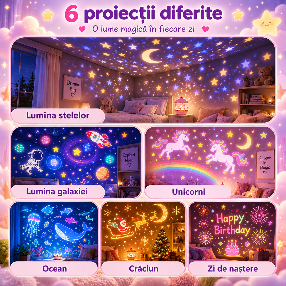 Lampă de veghe proiector pentru copii, model carusel, cu proiecția cerului înstelat și muzică calmă