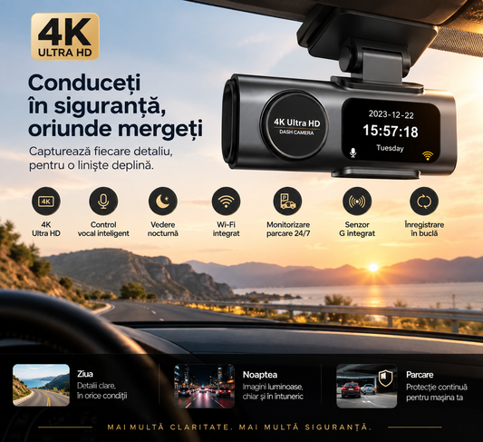Cameră de bord ultracompactă 4K, cu cameră spate, Wi-Fi, GPS și viziune nocturnă