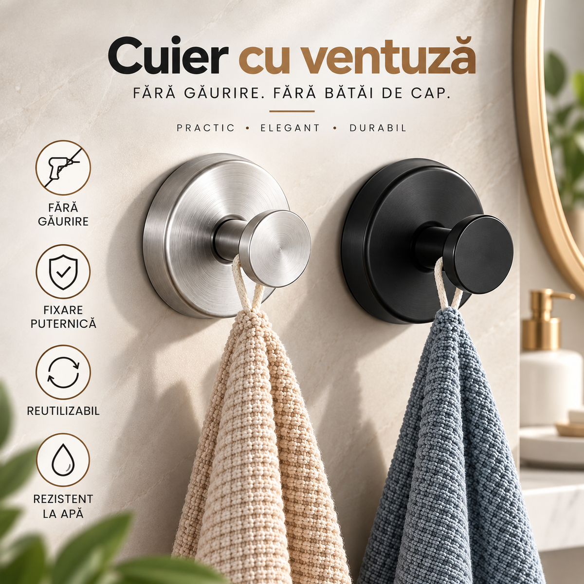 Cuier cu ventuză din inox, fără găuri, detașabil