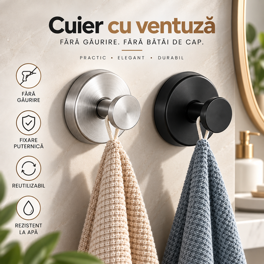 Cuier cu ventuză din inox, fără găuri, detașabil