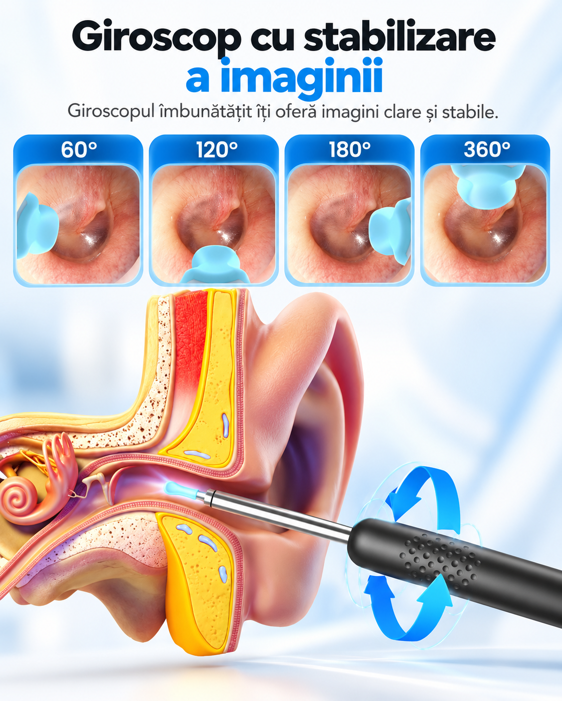 Endoscop auricular Bebird R1, cameră Wi-Fi 3MP, rezistent la apă, negru