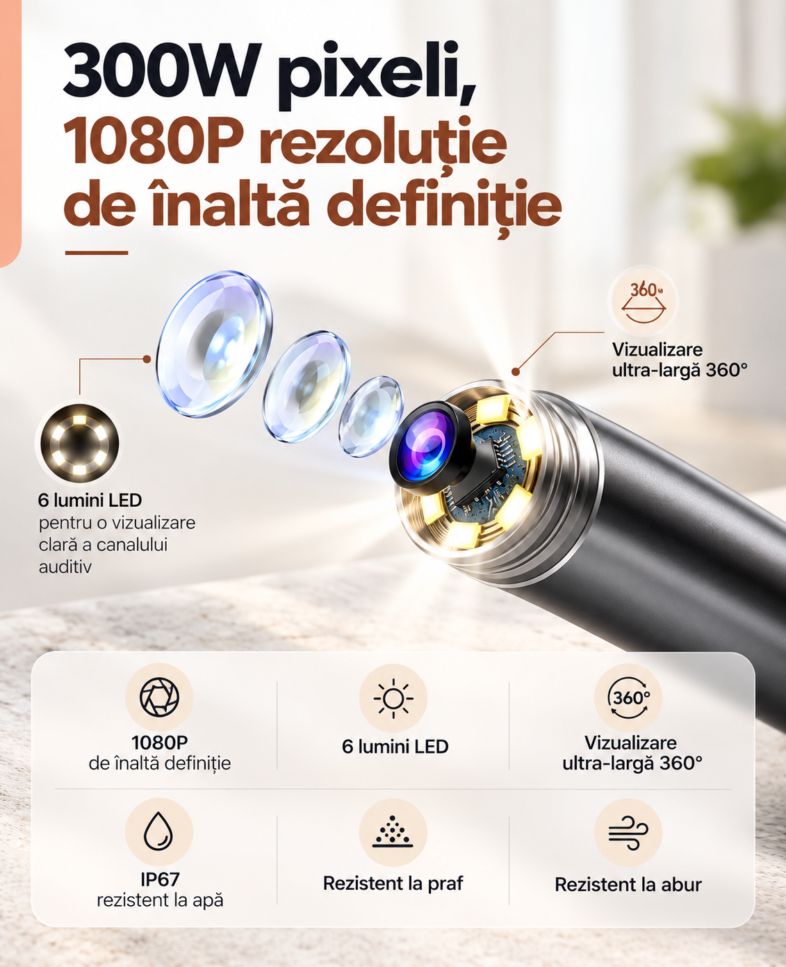 Endoscop auricular Bebird R1, cameră Wi-Fi 3MP, rezistent la apă, negru
