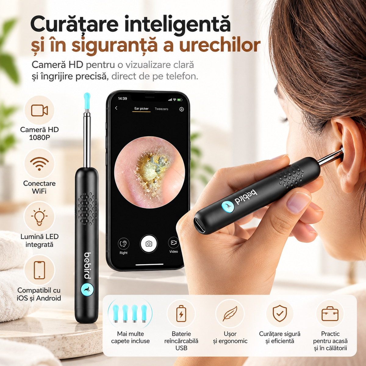 Endoscop auricular Bebird R1, cameră Wi-Fi 3MP, rezistent la apă, negru
